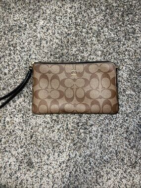 Coach Brown Signature Canvas Wristlet with Black Strap